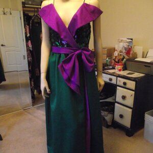 Evening Gown Sequined Body in Green n Purple with matching reversable Shall